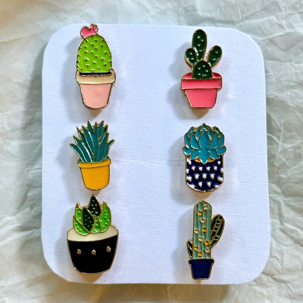 Set of 6 Enamel Cactus Houseplant Pins, Snake Plant, Prickly Pear, 90s, Lapel